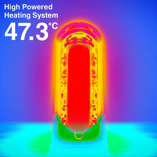 TENGA FLIP 0 WARMER 加熱系統展示,高效能加熱至47.3°C,提供溫暖真實體驗。
