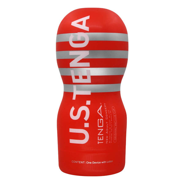 U.S. TENGA ORIGINAL VACUUM CUP 正面視圖,紅色外型搭配銀色條紋設計與 U.S.TENGA 標識。
