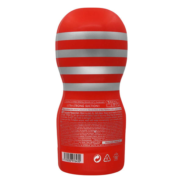U.S. TENGA ORIGINAL VACUUM CUP 背面視圖,標示產品資訊與使用說明。