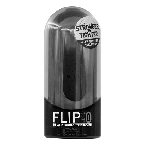 TENGA Flip 0 Black 正面包裝,強調強烈吸附力和緊實感。