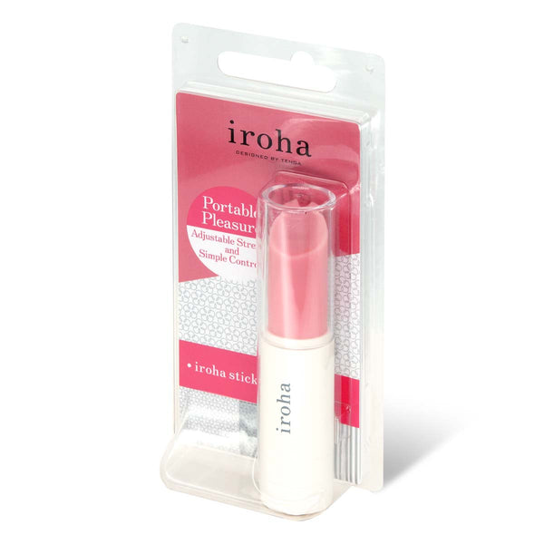 iroha stick 甜心粉 × 白 震動棒包裝盒側視圖,展現產品設計與品牌標識