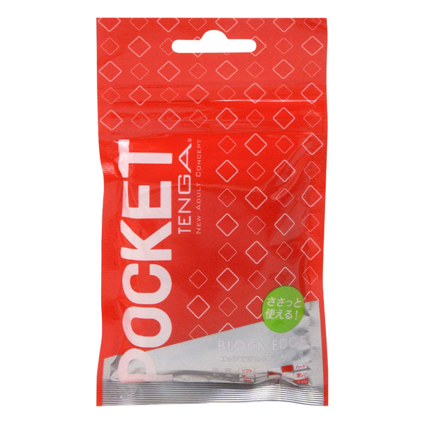 紅色包裝的 POCKET TENGA BLOCK EDGE 飛機袋 正面圖,展示簡約設計與品牌標誌。
