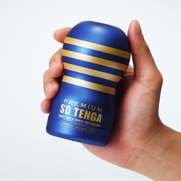PREMIUM SD TENGA ORIGINAL VACUUM CUP 手持展示圖|藍金配色短身飛機杯・真空吸力自慰器 masturbator cup