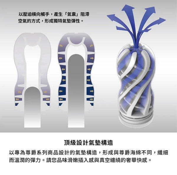 PREMIUM TENGA AIR CUSHION CUP 氣墊飛機杯 結構示意圖,以氣囊阻滯空氣產生彈性效果,創造柔滑刺激與真空吸附感。