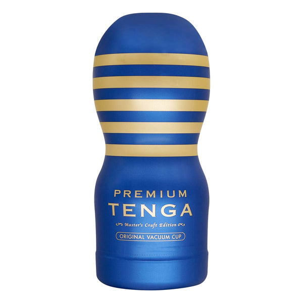 PREMIUM TENGA Original Vacuum Cup 飛機杯 正面,金藍配色突顯豪華感,經典流線型設計。