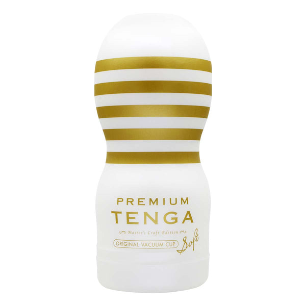 PREMIUM TENGA ORIGINAL VACUUM CUP SOFT 飛機杯 正面,金色條紋與白色杯體搭配,突顯高級質感與標誌設計。