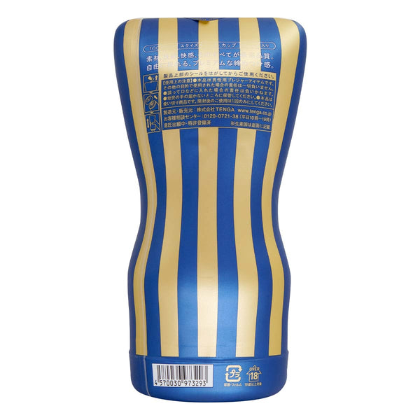 PREMIUM TENGA SQUEEZE TUBE CUP 背面視圖,展示高級設計與使用說明。