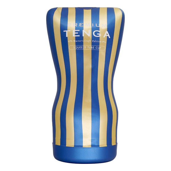 PREMIUM TENGA SQUEEZE TUBE CUP 飛機杯 正面視圖,藍金配色突顯高貴質感。