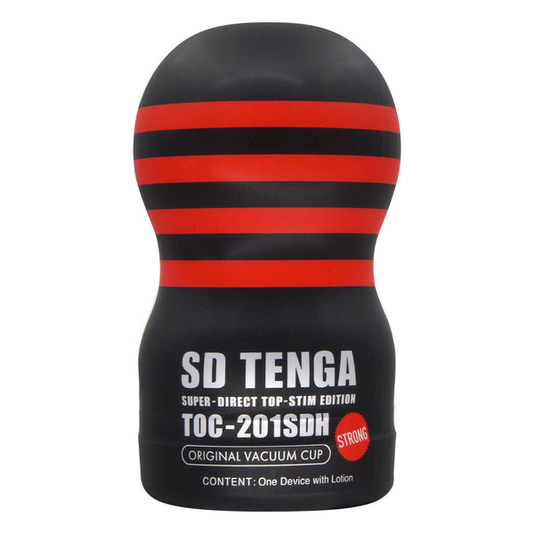 SD TENGA ORIGINAL VACUUM CUP HARD 飛機杯 正面展示,黑色設計配紅色條紋。