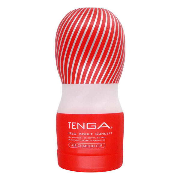 TENGA AIR CUSHION CUP 飛機杯 正面特寫,紅白外觀與產品名稱清晰可見