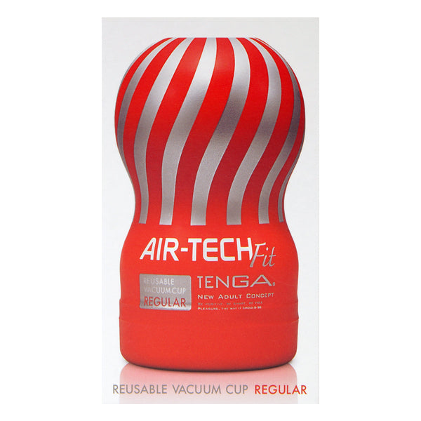 TENGA AIR-TECH Fit REGULAR 飛機杯展示,帶有經典紅白條紋設計,強調其高品質與日本製造。