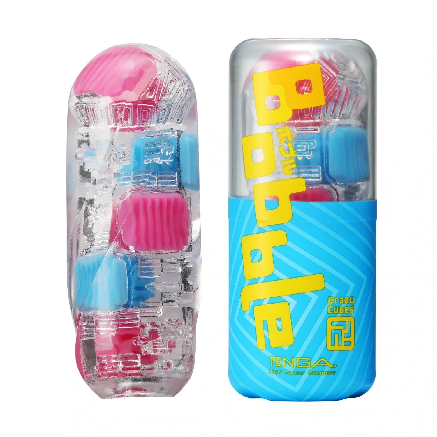 TENGA Bobble Crazy Cubes 飛機杯的完整產品展示,包括包裝與內部結構。