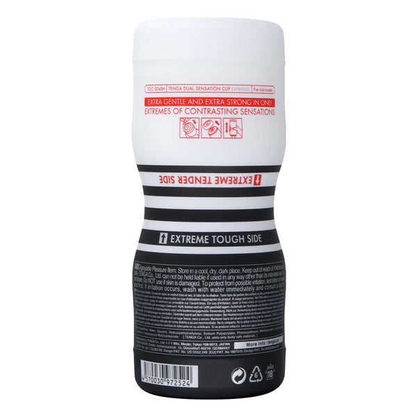 TENGA DUAL FEEL CUP EXTREMES 的背面圖,展示產品使用說明及標籤信息。