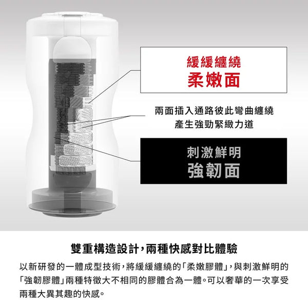 TENGA DUAL FEEL CUP EXTREMES 飛機杯 的內部膠體紋路設計,顯示曲線紋理與細緻觸感,提供溫柔舒適的體驗。