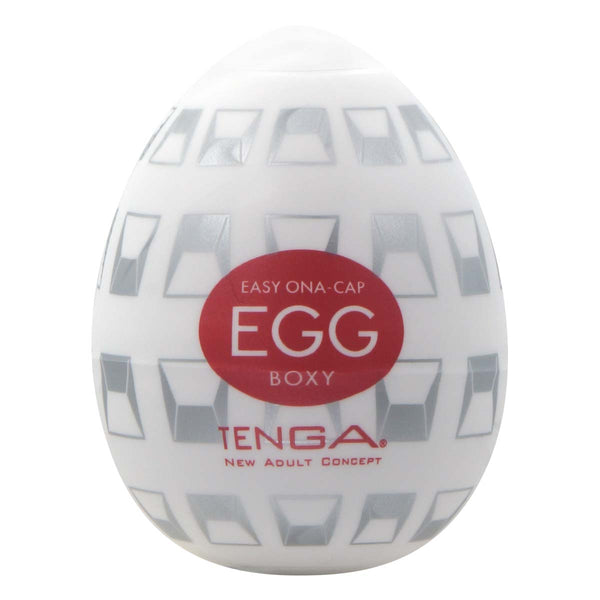 TENGA EGG BOXY 飛機蛋 產品正面圖,蛋型外觀與紅色 BOXY 標誌清晰可見,展現方格立體感。