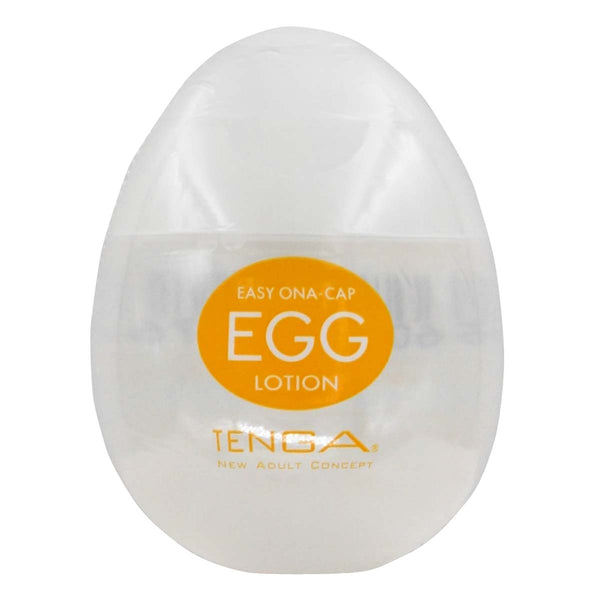 TENGA EGG LOTION 正面圖,透明蛋型設計,印有橙色標籤,易於使用與儲存。