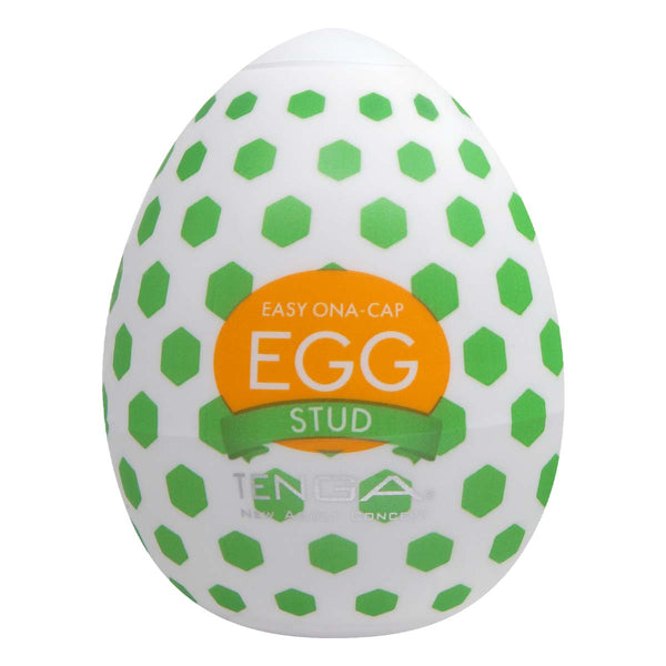 TENGA EGG STUD 飛機蛋 正面視圖,綠色六角圖案設計,簡約便攜的飛機蛋