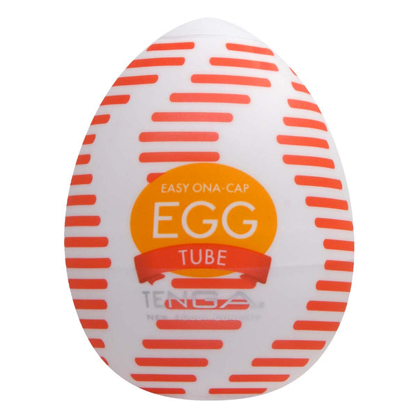 TENGA EGG TUBE 飛機蛋 正面展示,橙色條紋設計,顯示產品標籤和品牌標誌。