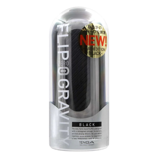 TENGA FLIP 0 (ZERO) GRAVITY BLACK 飛機杯的正面包裝,展示最新高彈力膠體和銳利邊緣設計。