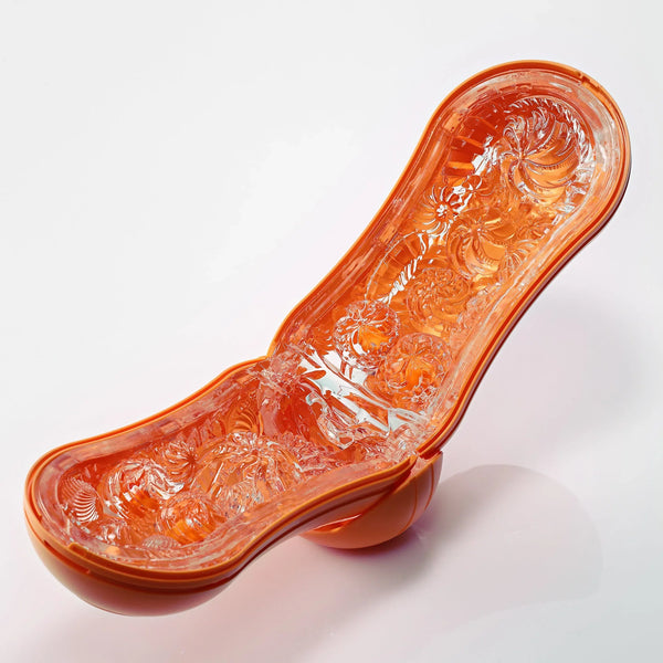 TENGA FLIP ORB PASTAIO SUNSET ORANGE 飛機杯內部結構,展現螺旋波狀紋理與彈力球體設計,帶來緊密刺激與舒適包覆感。