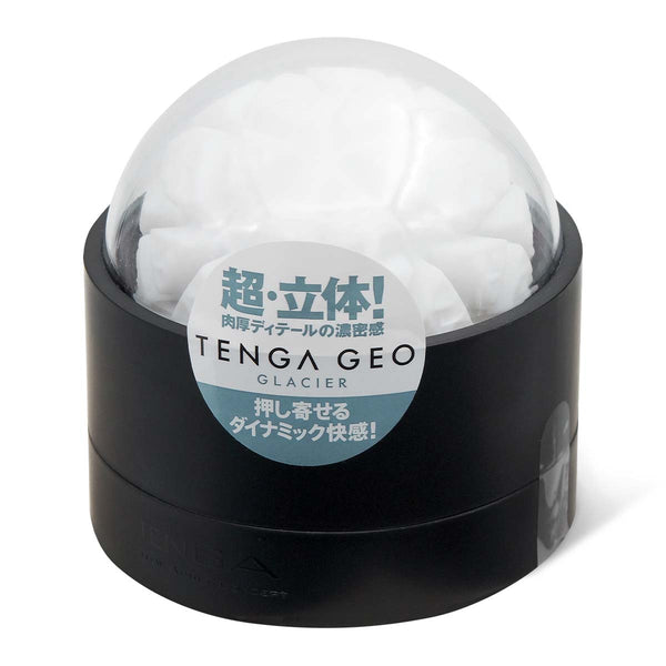 TENGA GEO Glacier 冰河球飛機杯的產品主圖,展示冰川靈感設計的立體包裝。