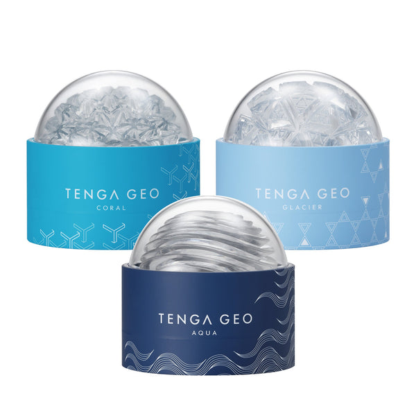 TENGA GEO 系列三款型號 AQUA、CORAL、GLACIER 透明水紋球飛機杯合照展示
