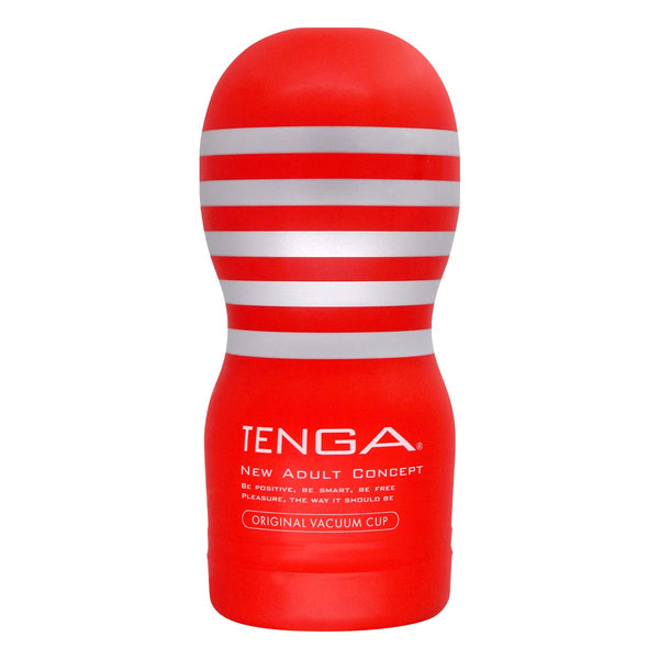 TENGA Original Vacuum Cup 的正面圖,展示產品的紅白經典設計及品牌標誌。