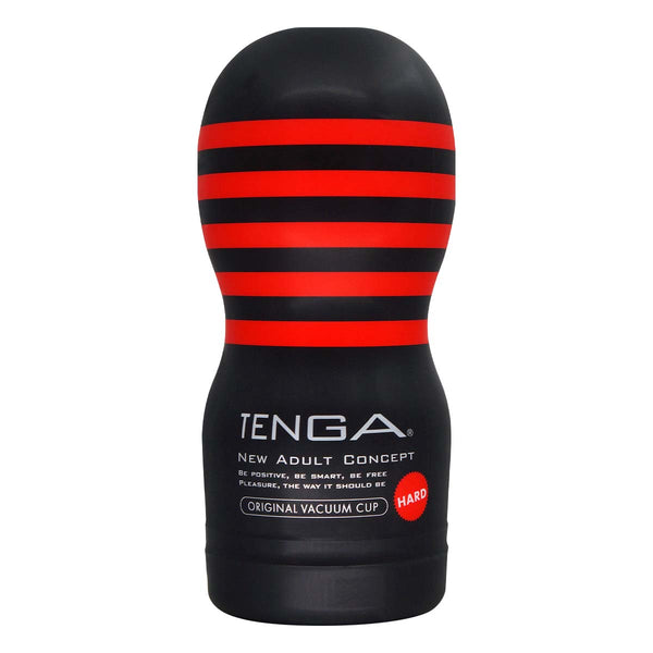 TENGA Original Vacuum Cup HARD 飛機杯 正面圖,經典黑紅設計,強韌材質特點。