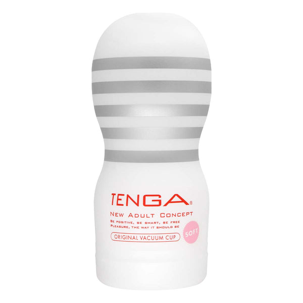 TENGA Original Vacuum Cup SOFT 正面圖,經典紅白設計與產品標誌。
