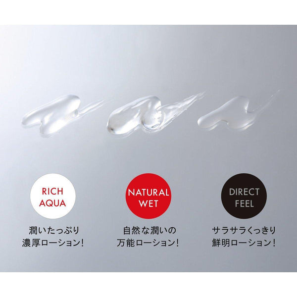 TENGA PLAY GEL 系列潤滑劑質地展示,包括 RICH AQUA 的濃厚潤滑、NATURAL WET 的自然萬能潤滑,以及 DIRECT FEEL 的清爽鮮明潤滑,滿足不同需求。