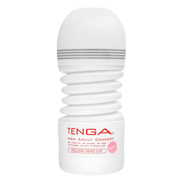 TENGA ROLLING HEAD CUP SOFT 飛機杯 正面特寫,白色外觀搭配 SOFT 標誌
