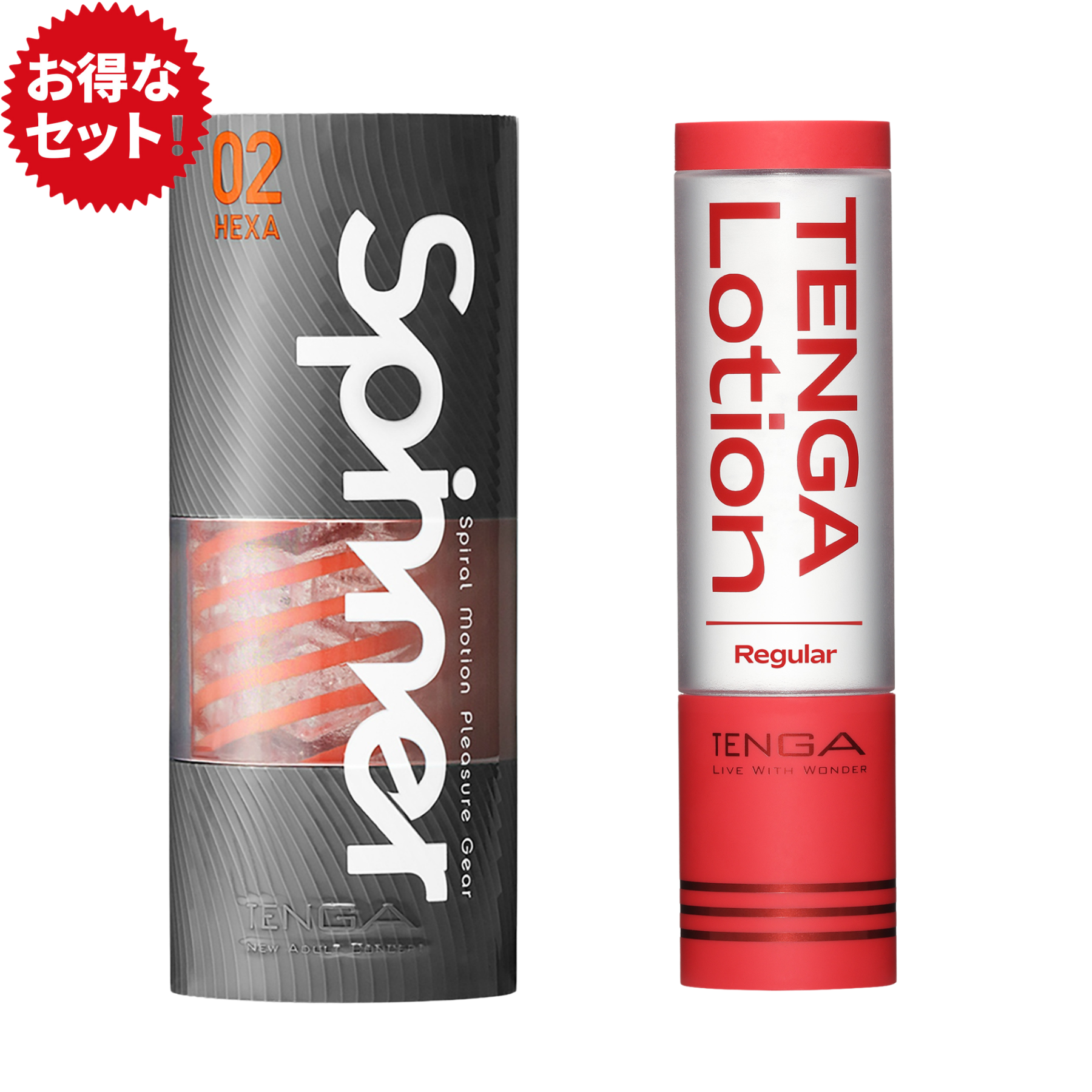 TENGA Spinner 02 HEXA 飛機杯搭配 TENGA Lotion Regular 組合,提供強烈吸附和旋轉刺激感的完美體驗。