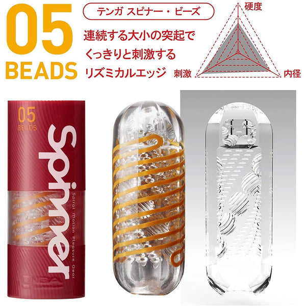 TENGA Spinner 05 BEADS 飛機杯特寫圖片,呈現連續大小珠狀內部設計,提供節奏性的深度刺激體驗。
