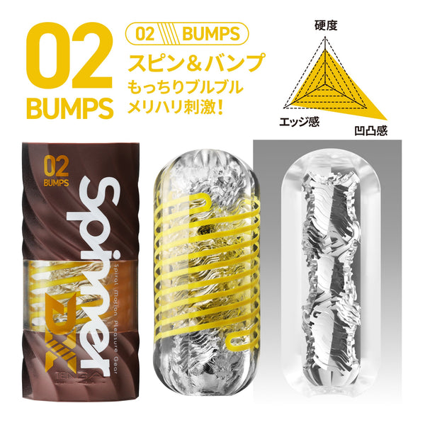 TENGA SPINNER DX 02 BUMPS 飛機杯的特寫圖,展示黃黑配色包裝與內部結構,提供強烈凸點刺激。