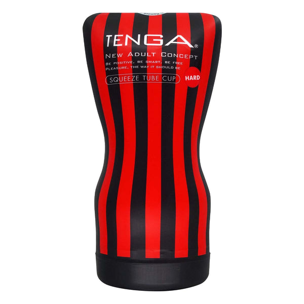 TENGA SQUEEZE TUBE CUP HARD 飛機杯 正面特寫,紅黑設計結合 HARD 標誌,展現獨特風格