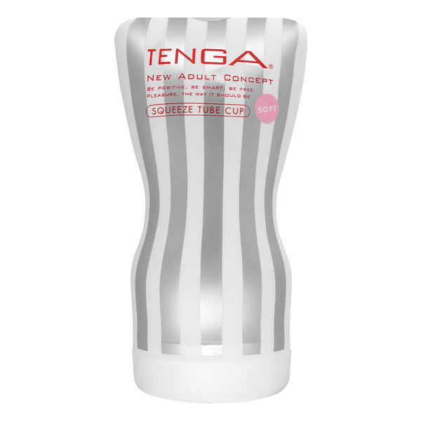 TENGA SQUEEZE TUBE CUP SOFT 飛機杯 正面特寫,銀白條紋設計與 SOFT 標誌清晰可見