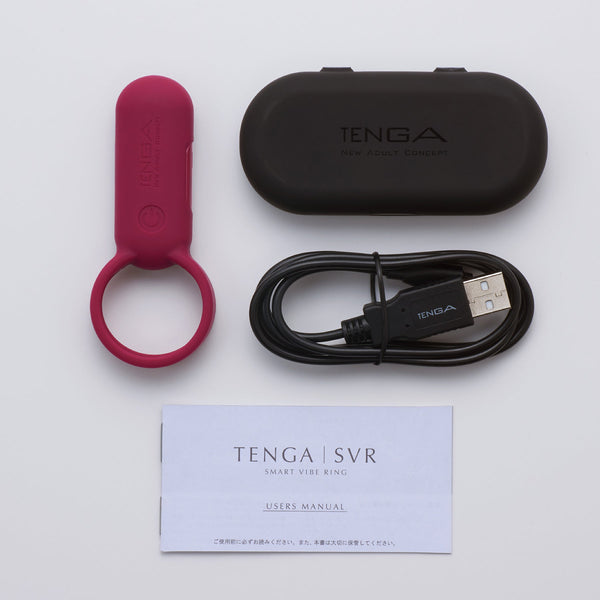 TENGA SVR CARMINE 內容物,包括主機、USB 充電線與專用收納盒。