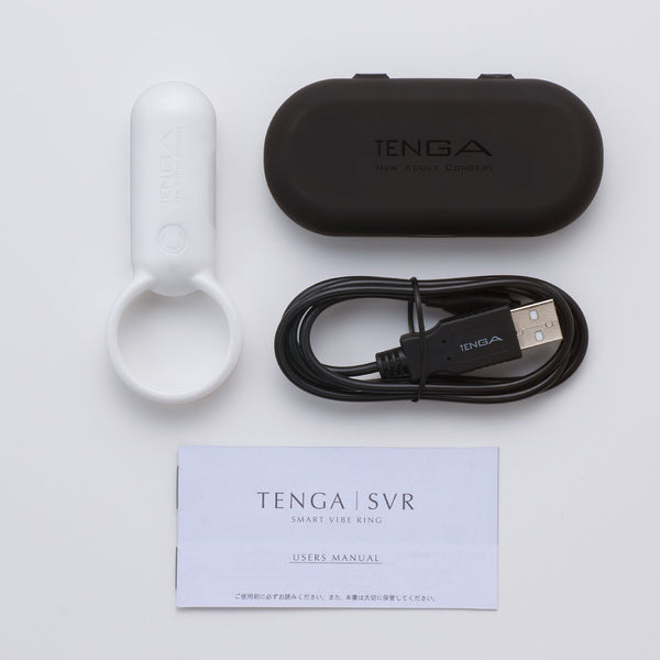 TENGA SVR PEARL WHITE 包裝內容物,包括本體、USB 充電線與使用手冊