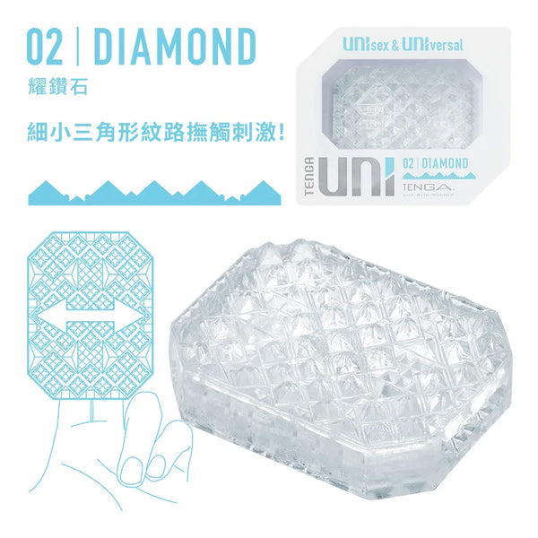 TENGA UNI DIAMOND 產品特徵示意圖,展示三角形紋路細節及多功能使用方式,適合各種愉悅需求。