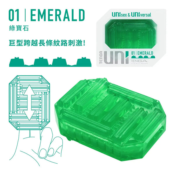TENGA UNI EMERALD 的詳細特寫功能圖,強調巨型跨越長條紋路帶來的刺激感,配合指尖示範用法,簡單易用。