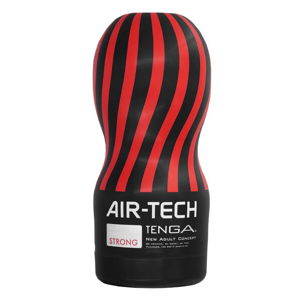 TENGA AIR-TECH STRONG 飛機杯前視圖，黑色與紅色條紋設計，重複使用型吸啜設計。