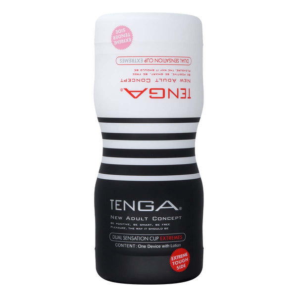 TENGA DUAL FEEL CUP EXTREMES 飛機杯 的正面圖，展示產品標誌及設計特點，包括黑白條紋和產品名稱。