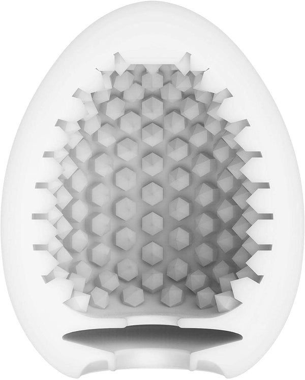 TENGA EGG STUD 內部結構圖，六角突起設計提供刺激感，超彈性材質帶來舒適體驗