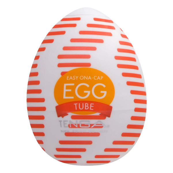 TENGA EGG TUBE 飛機蛋 正面展示，橙色條紋設計，顯示產品標籤和品牌標誌。