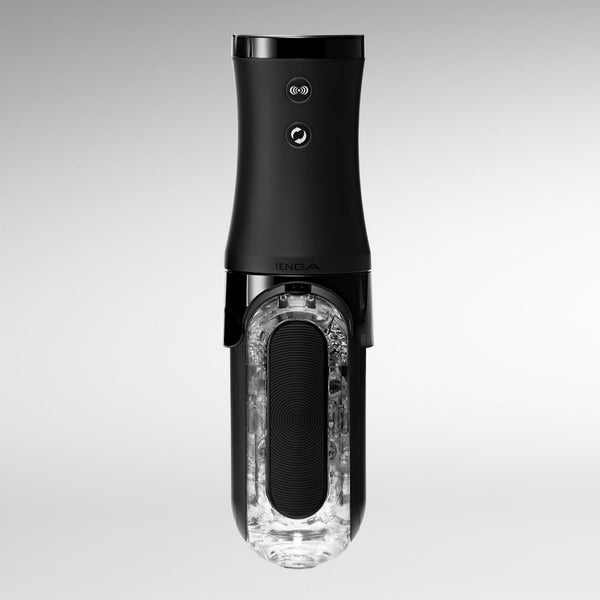 TENGA FLIP 0 ZERO Electronic Vibrotation 電動旋轉震動器安裝完成，展示流線型黑色設計及內部膠體結構。