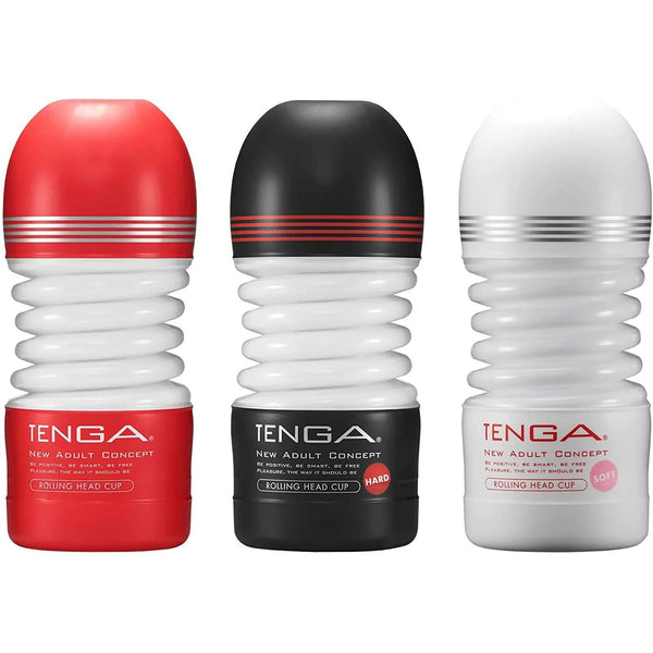 TENGA ROLLING HEAD CUP 完整套裝展示，包括標準款、HARD款與SOFT款，每款設計提供不同刺激與包覆感，滿足多樣需求。