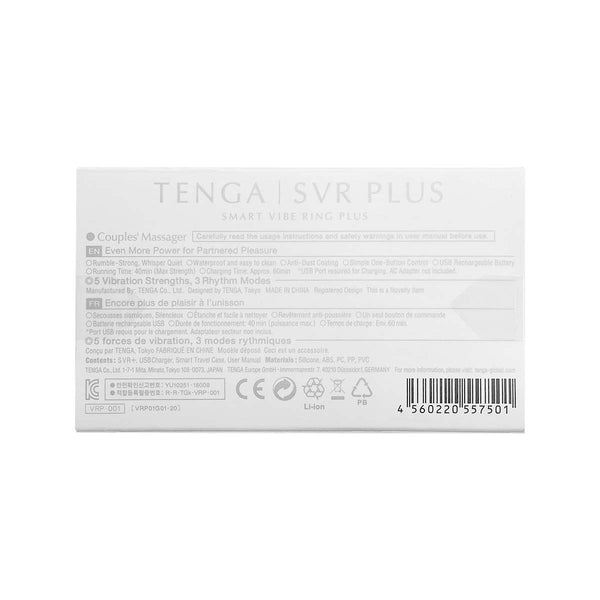 TENGA SVR PLUS 的背面視圖，詳細列出產品規格與使用資訊。