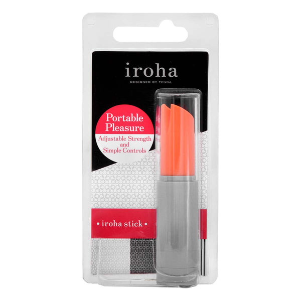 iroha stick 珊瑚粉 × 灰 震動棒包裝盒正面，強調可調節震動強度與柔軟矽膠材質