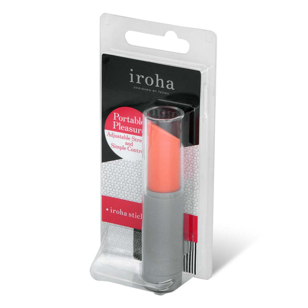 iroha stick 珊瑚粉 × 灰 震動棒包裝盒側視圖，展現產品設計與品牌標識