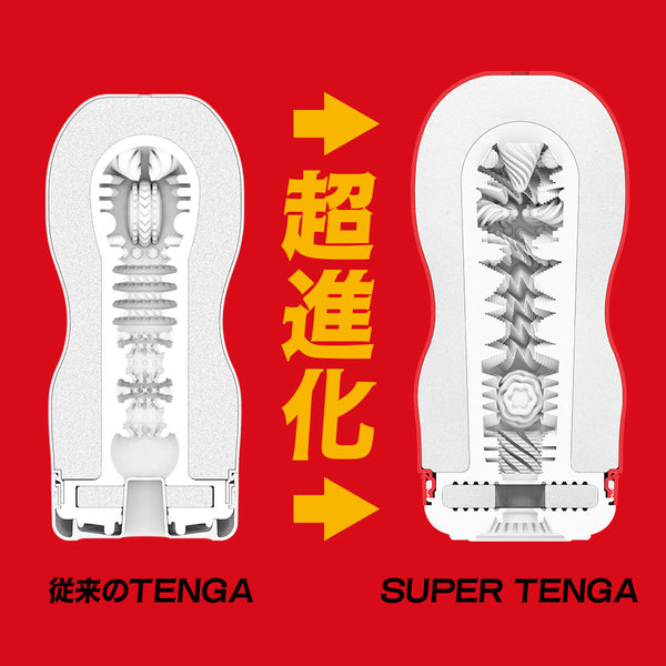 SUPER TENGA 與傳統 TENGA 的內部結構對比圖，展示 SUPER TENGA 升級後更複雜、更立體的刺激結構設計，突顯系列全面進化